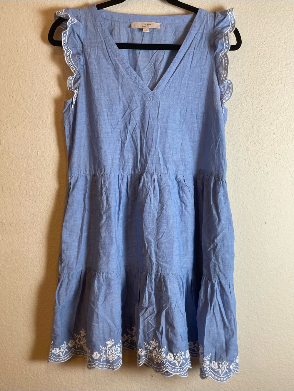 LOFT Light Blue Tiered Eyelet-Trim Dress 100% Cotton